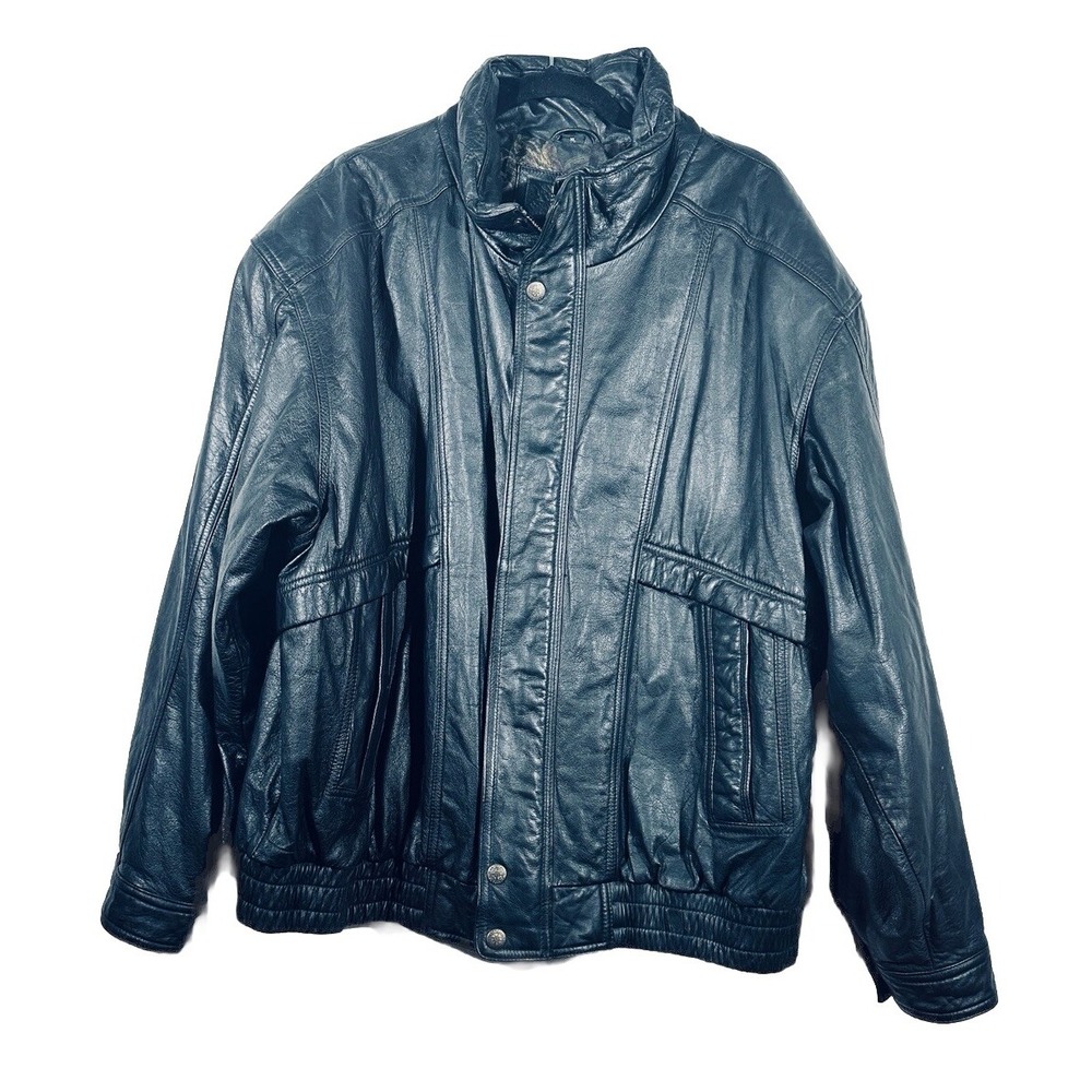 Expressions World Wide  Black Leather Bomber Jacket Mens XL Size 46